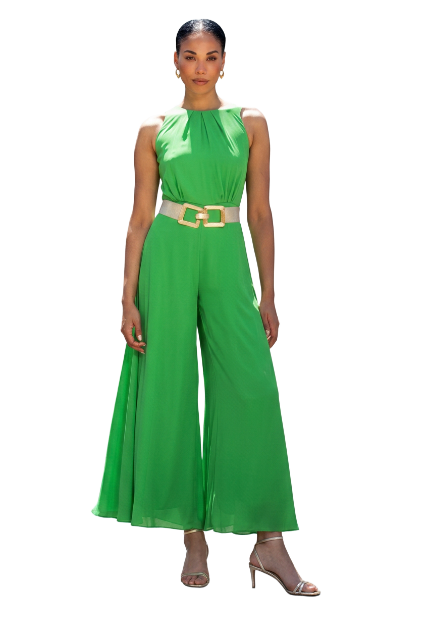 Green sleeveless wide-leg jumpsuit with gold buckle belt