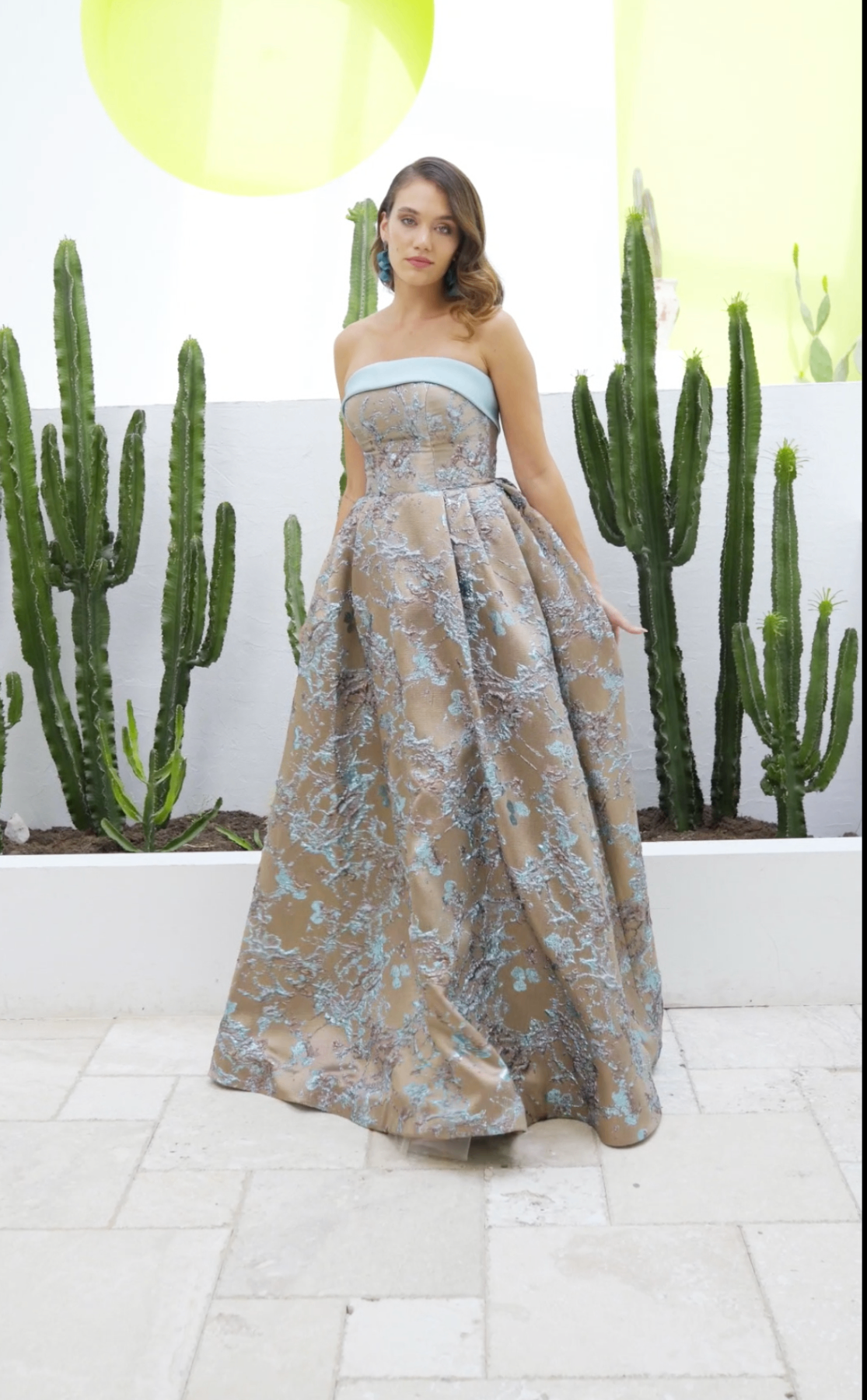 Champagne and blue floral jacquard strapless ball gown with satin trim