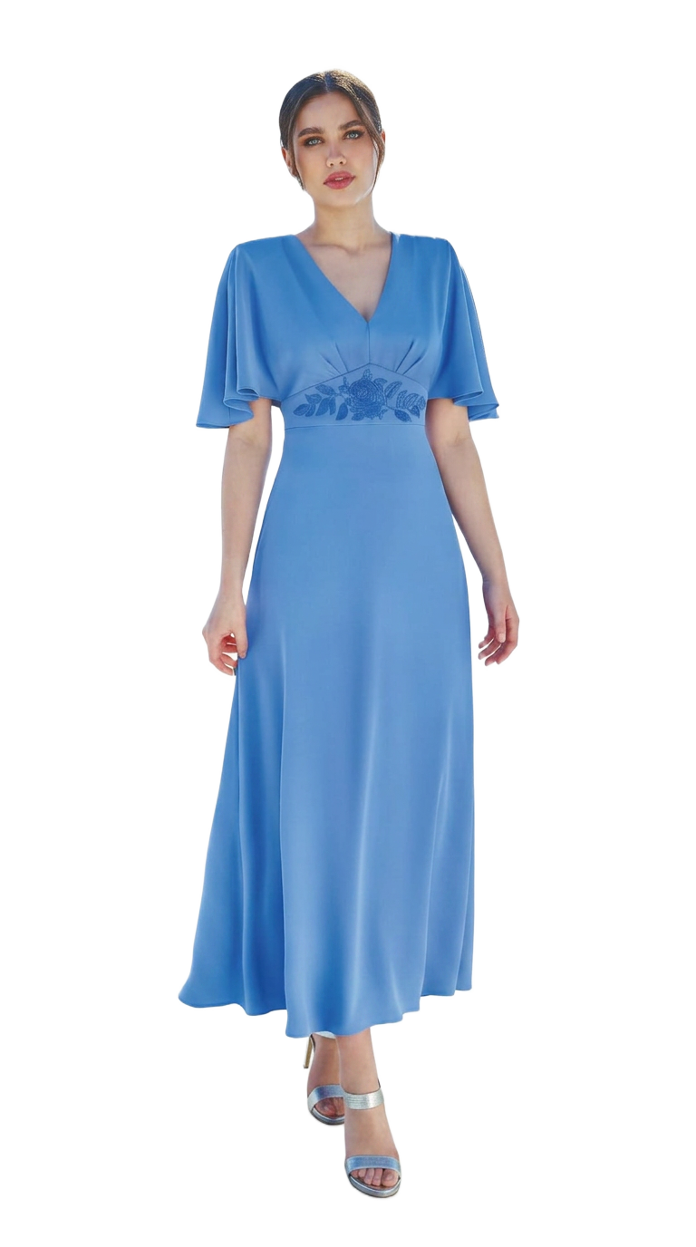 Cornflower blue midi dress with flutter sleeves and embroidered rose waist
