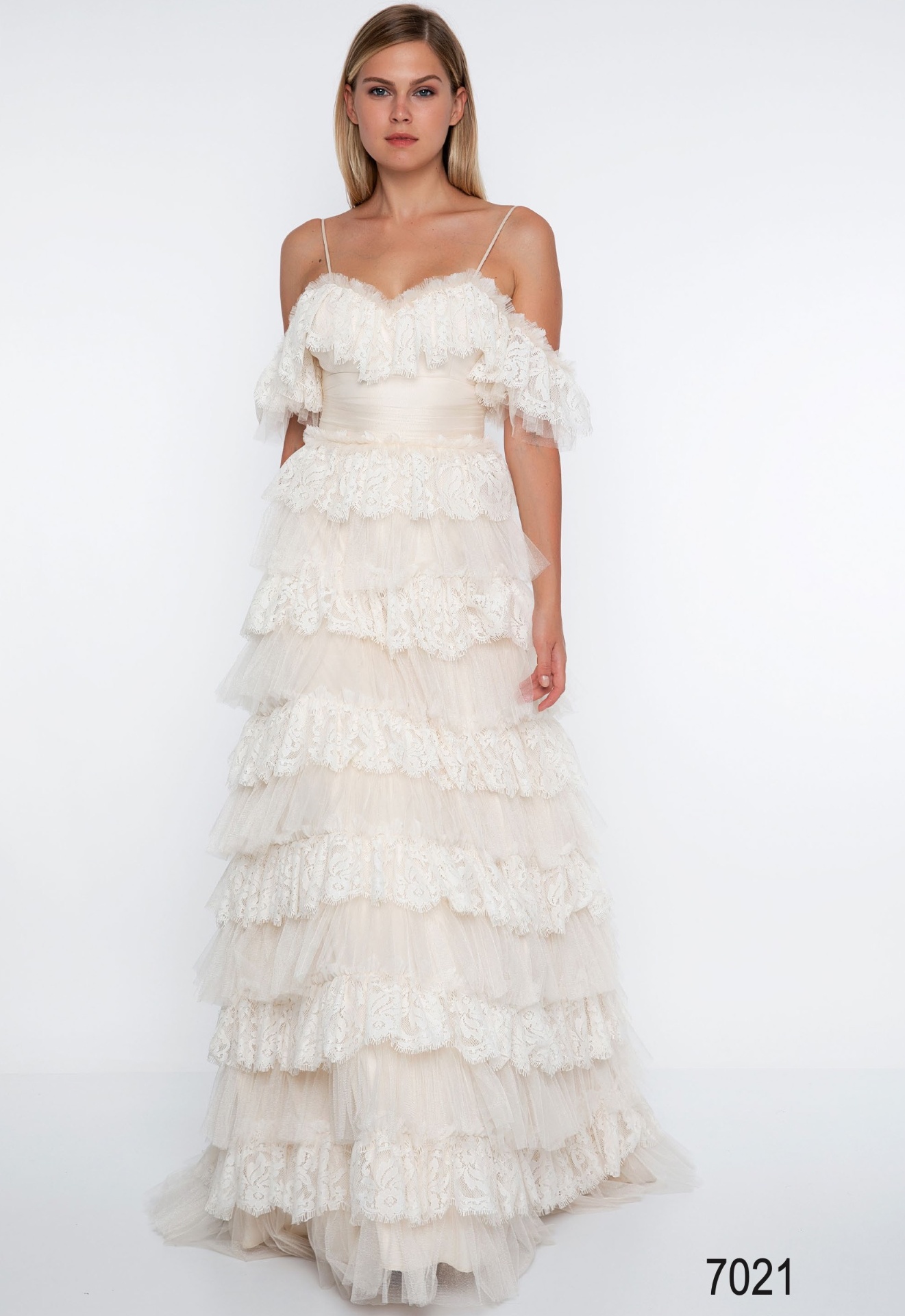 Ivory tiered lace and tulle gown