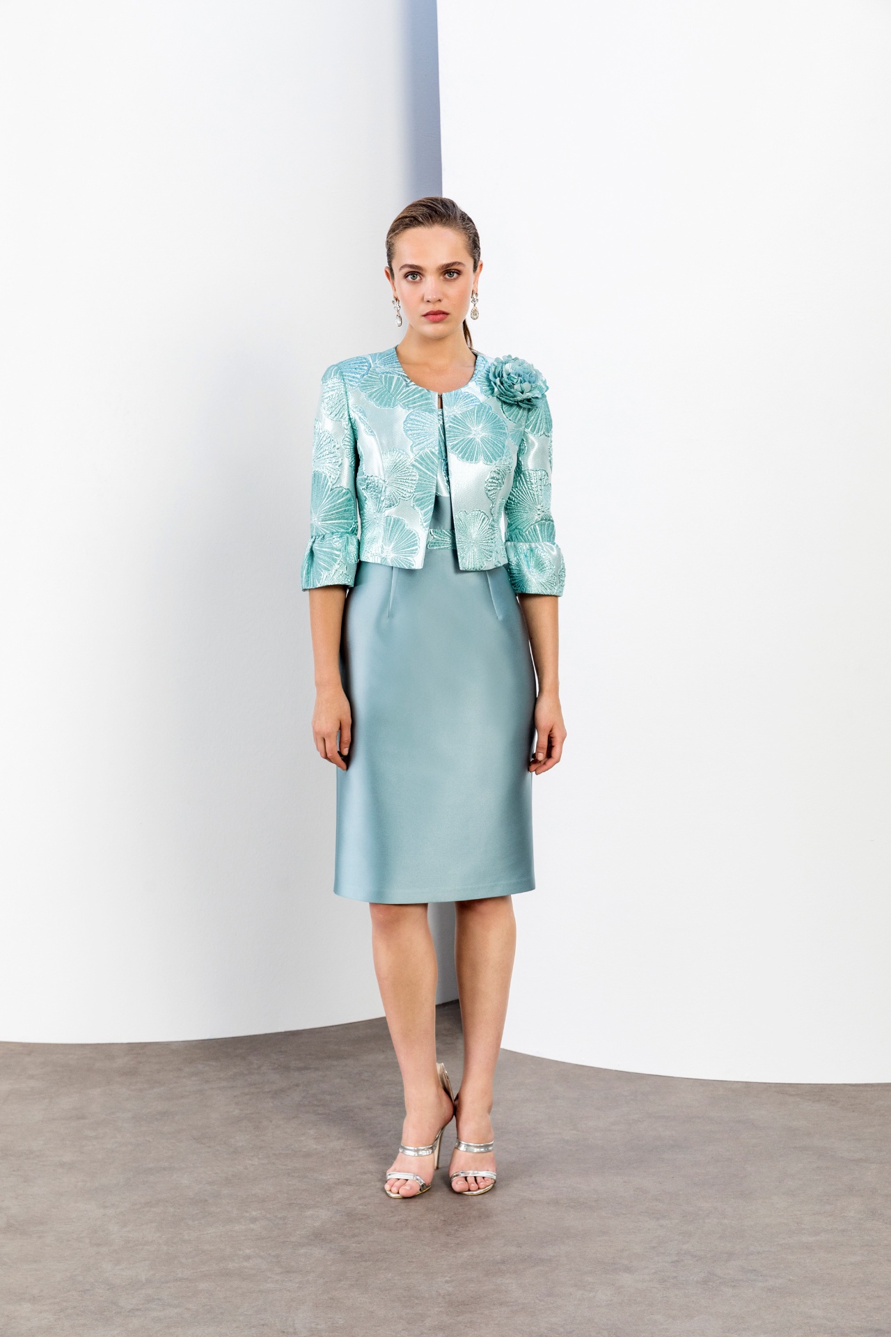 Duck egg blue shell-jacquard bolero over matching satin sheath dress