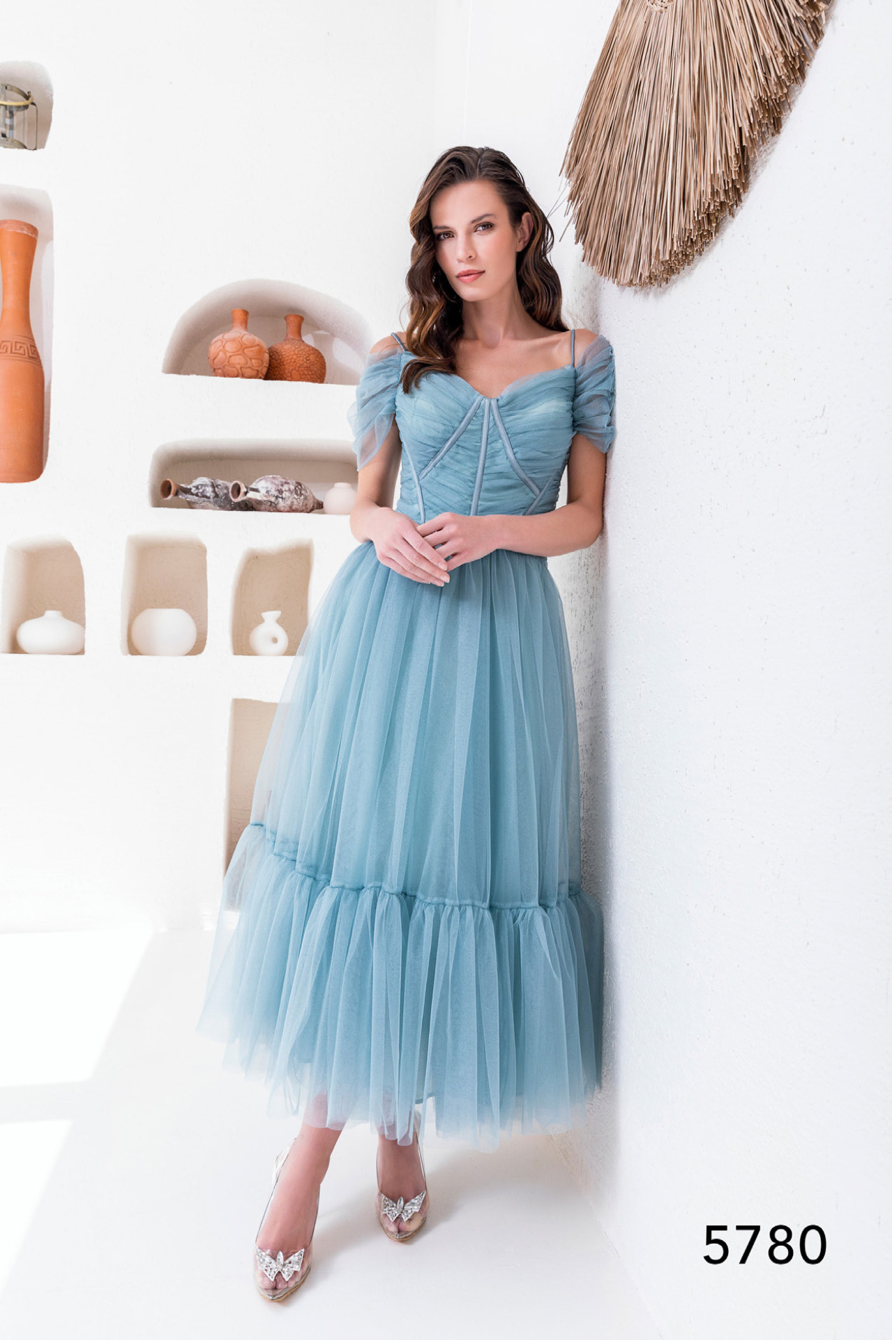 Dusty blue off-shoulder tulle tea-length dress