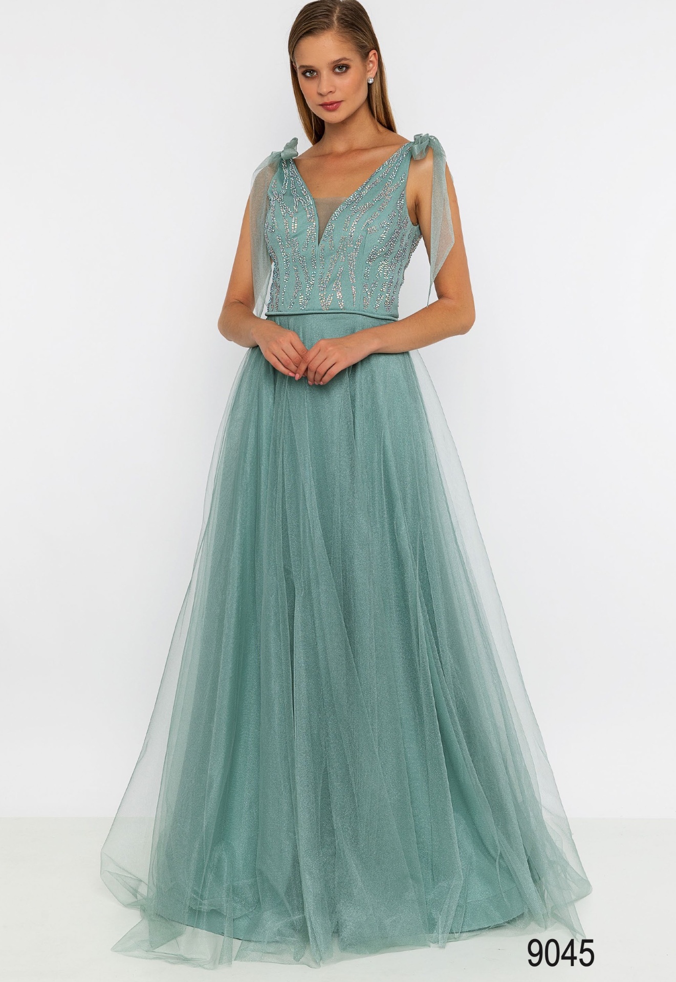 Sage green beaded bodice tulle gown