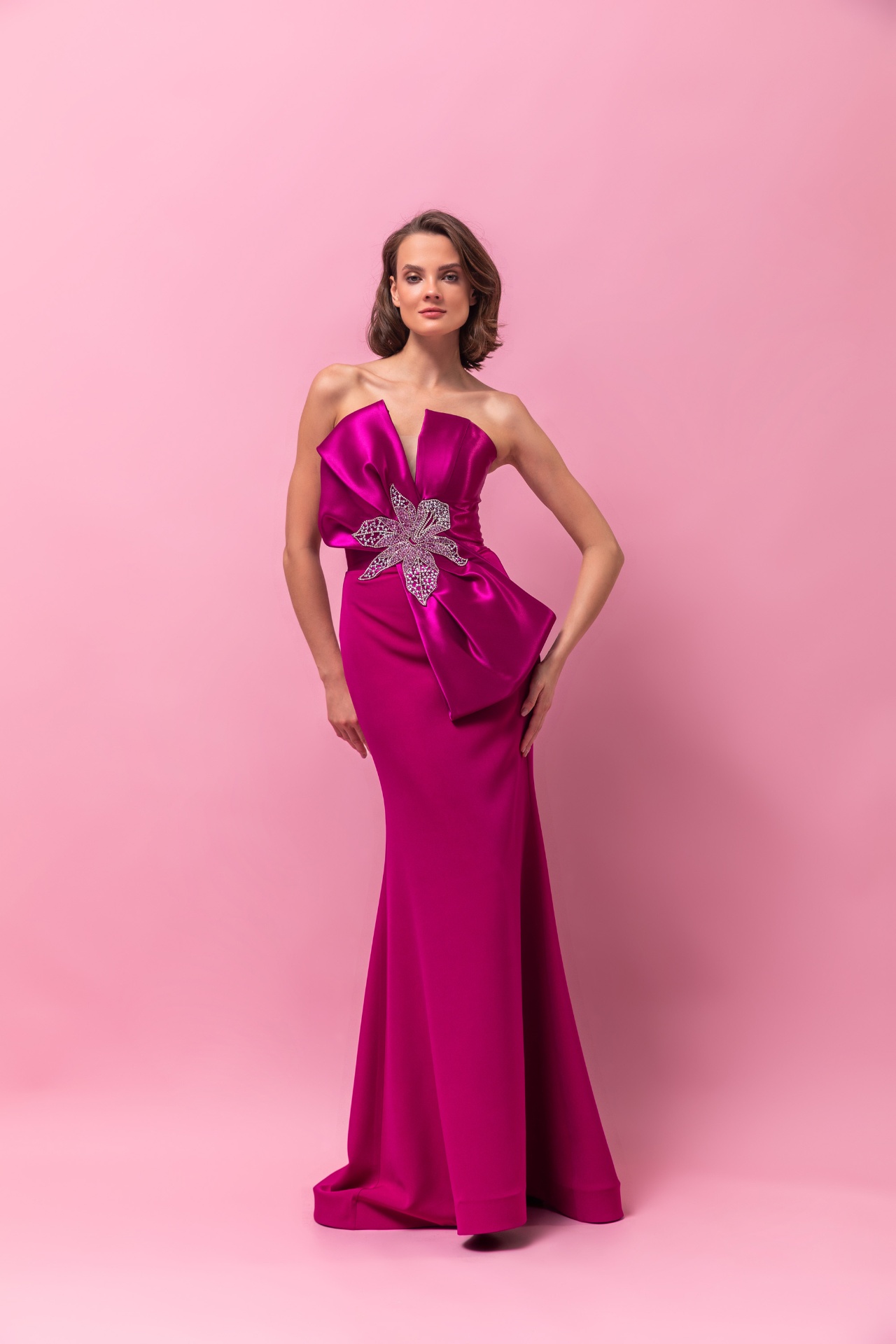 Fuchsia satin strapless mermaid gown with crystal-embellished floral bodice