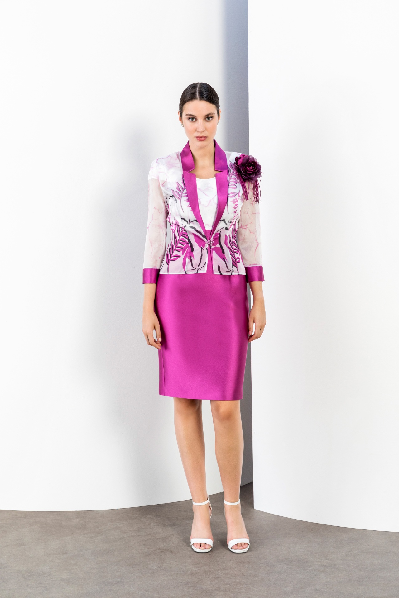Magenta shawl-collar printed jacket with fuchsia satin pencil skirt