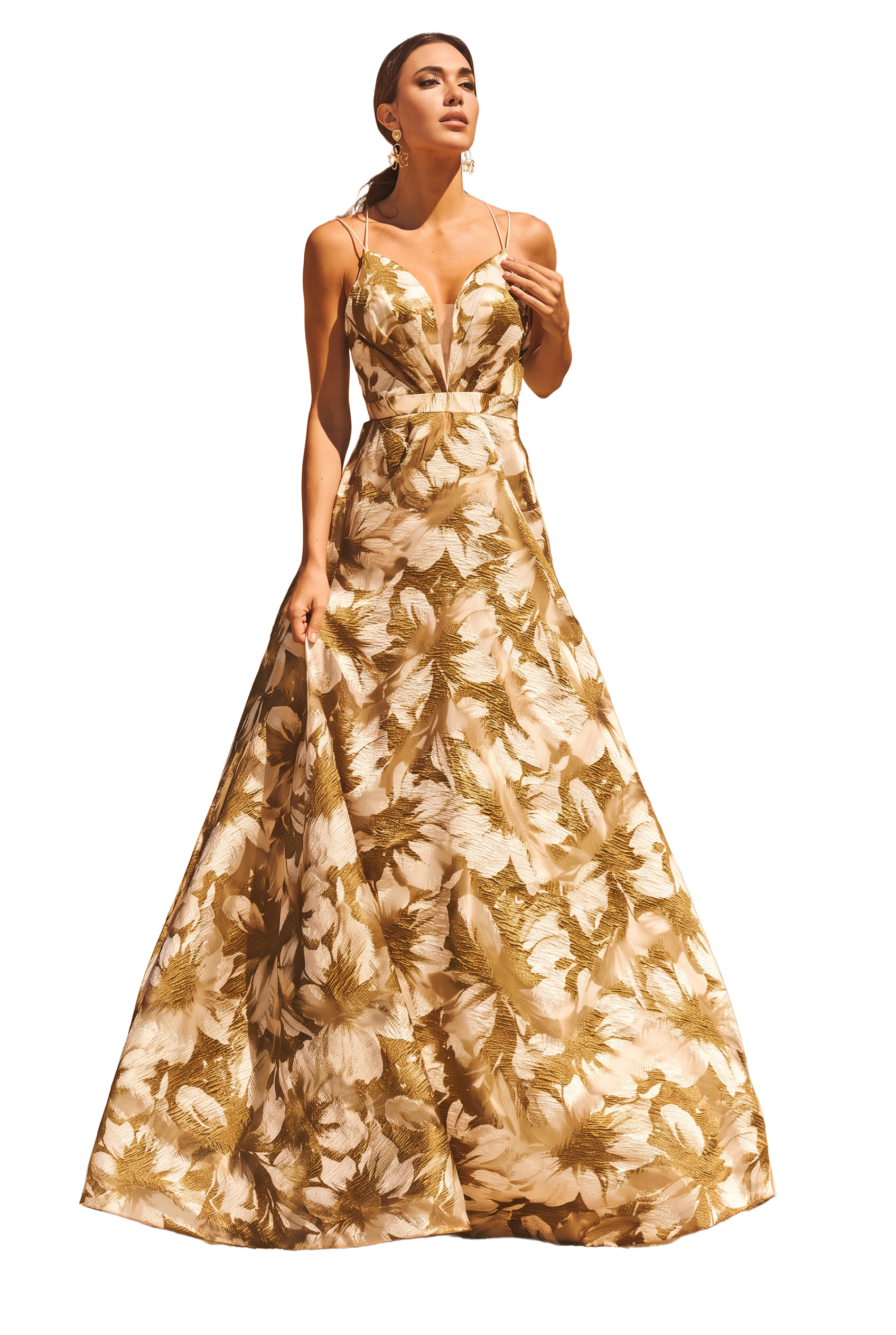 Gold and ivory floral brocade ballgown with plunging neckline and full skirt
