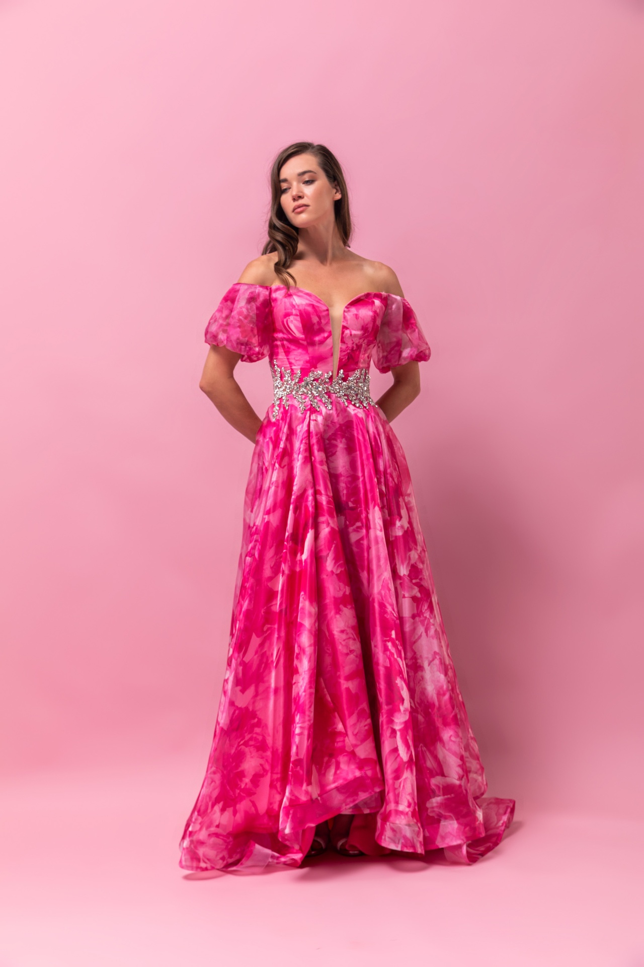 Hot pink floral organza off-shoulder ball gown with crystal belt and puff sleeves