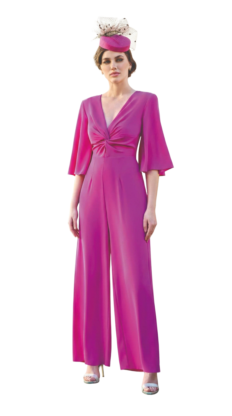 Fuchsia twist-front jumpsuit with flared sleeves and wide-leg trousers