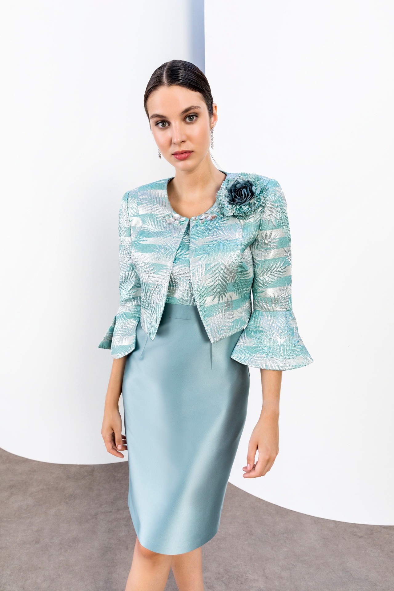 Aqua fern-print brocade bell-sleeve jacket over satin sheath dress