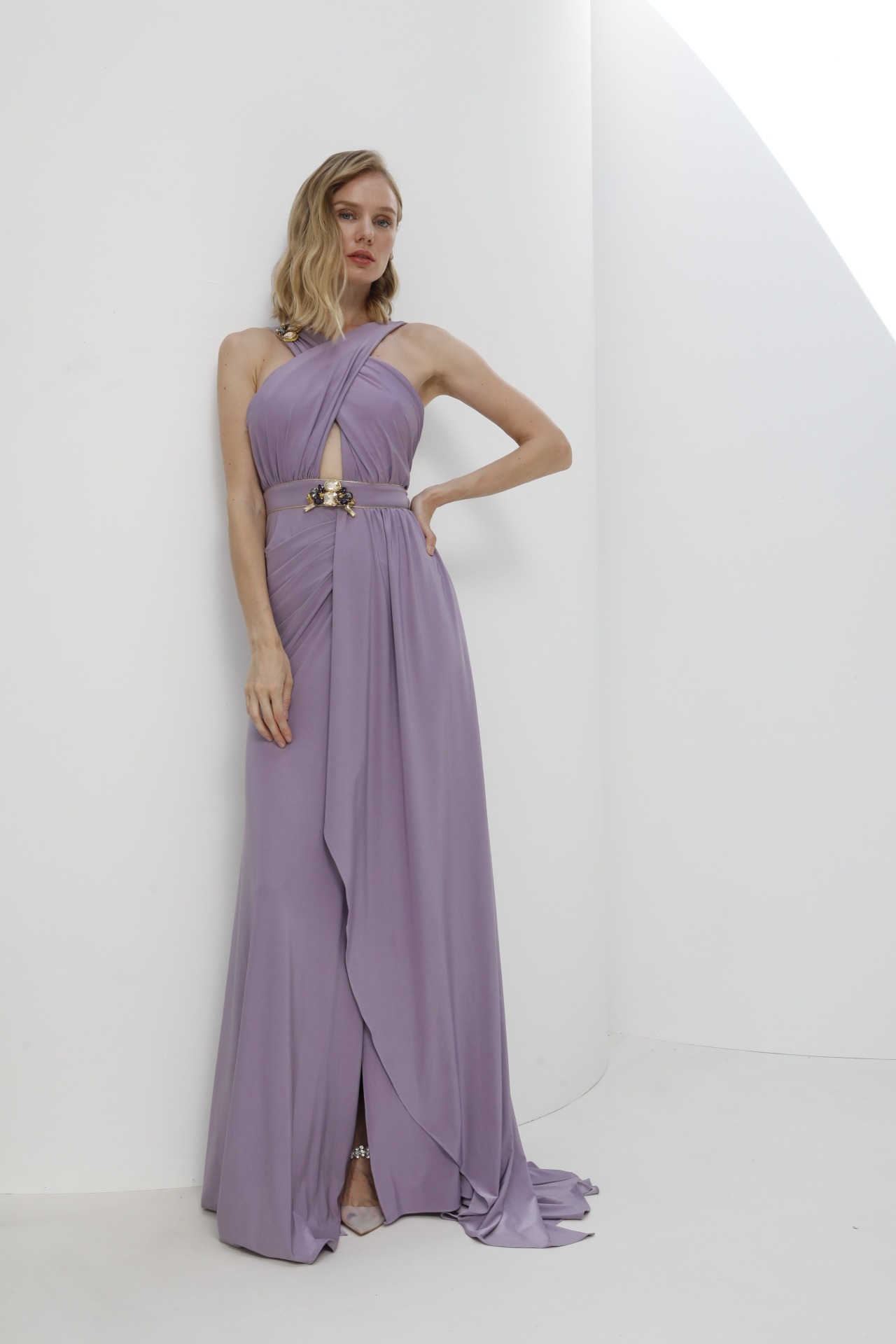 Lilac draped halter gown with crystal belt