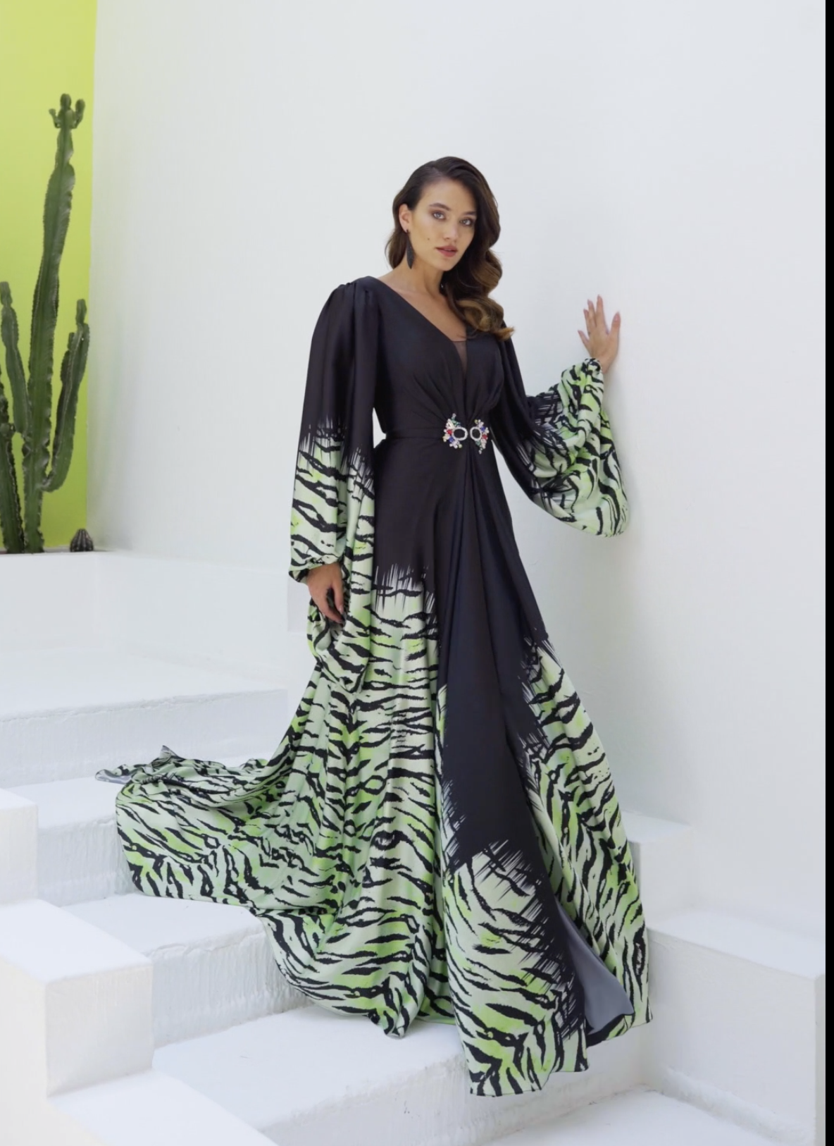 Black and lime tiger print kimono-sleeve gown with jewelled buckle waist