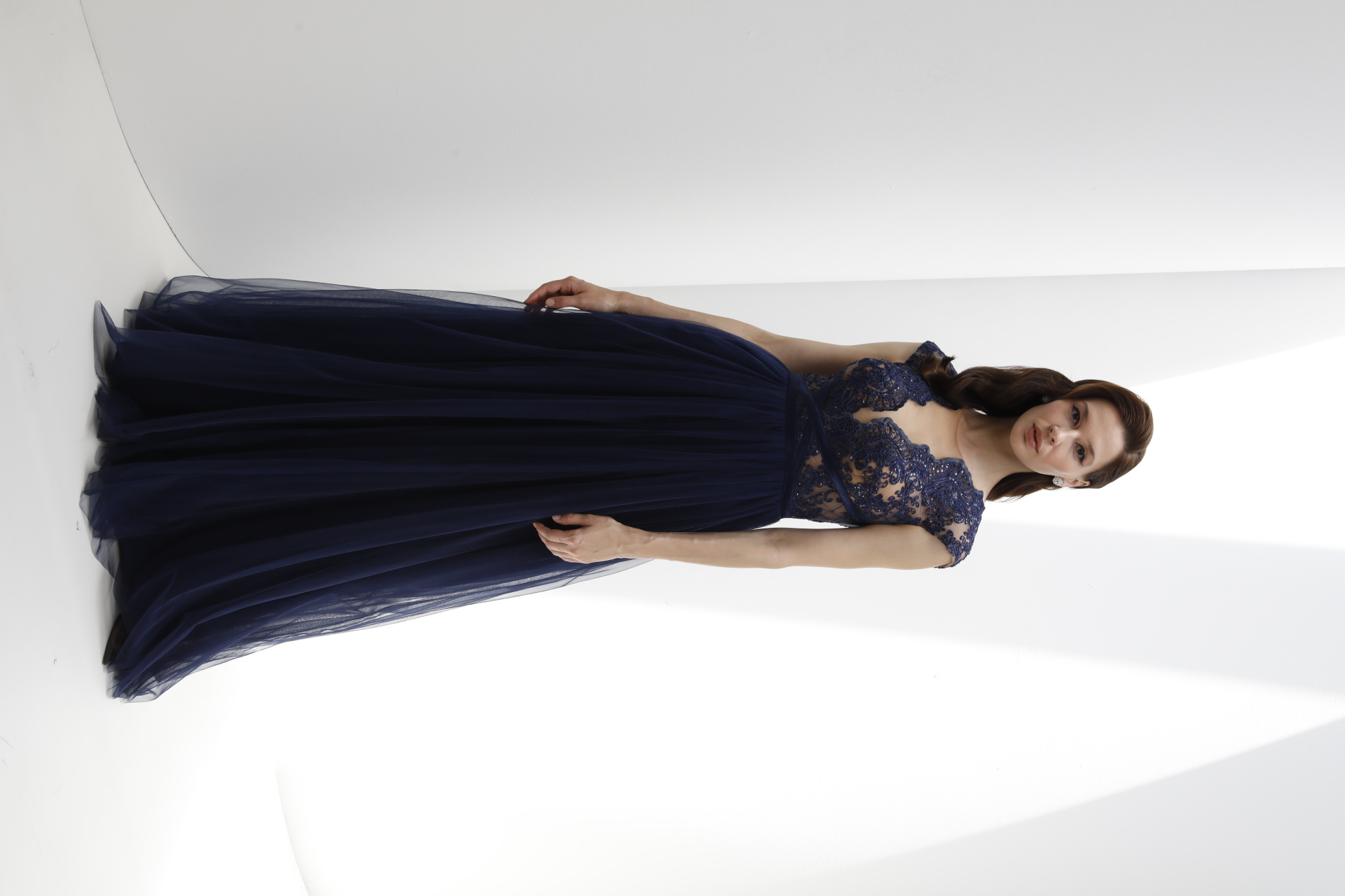Navy blue beaded lace bodice tulle A-line gown
