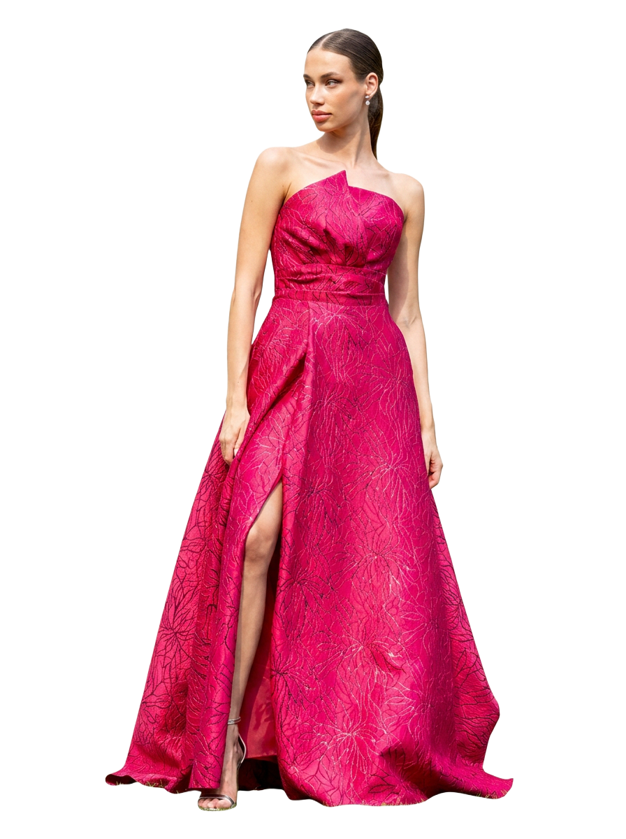 Fuchsia jacquard one-shoulder ballgown with high front slit