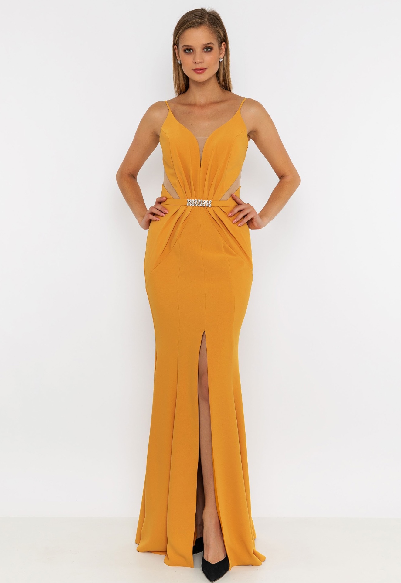 Mustard yellow crystal-belted gown with front slit