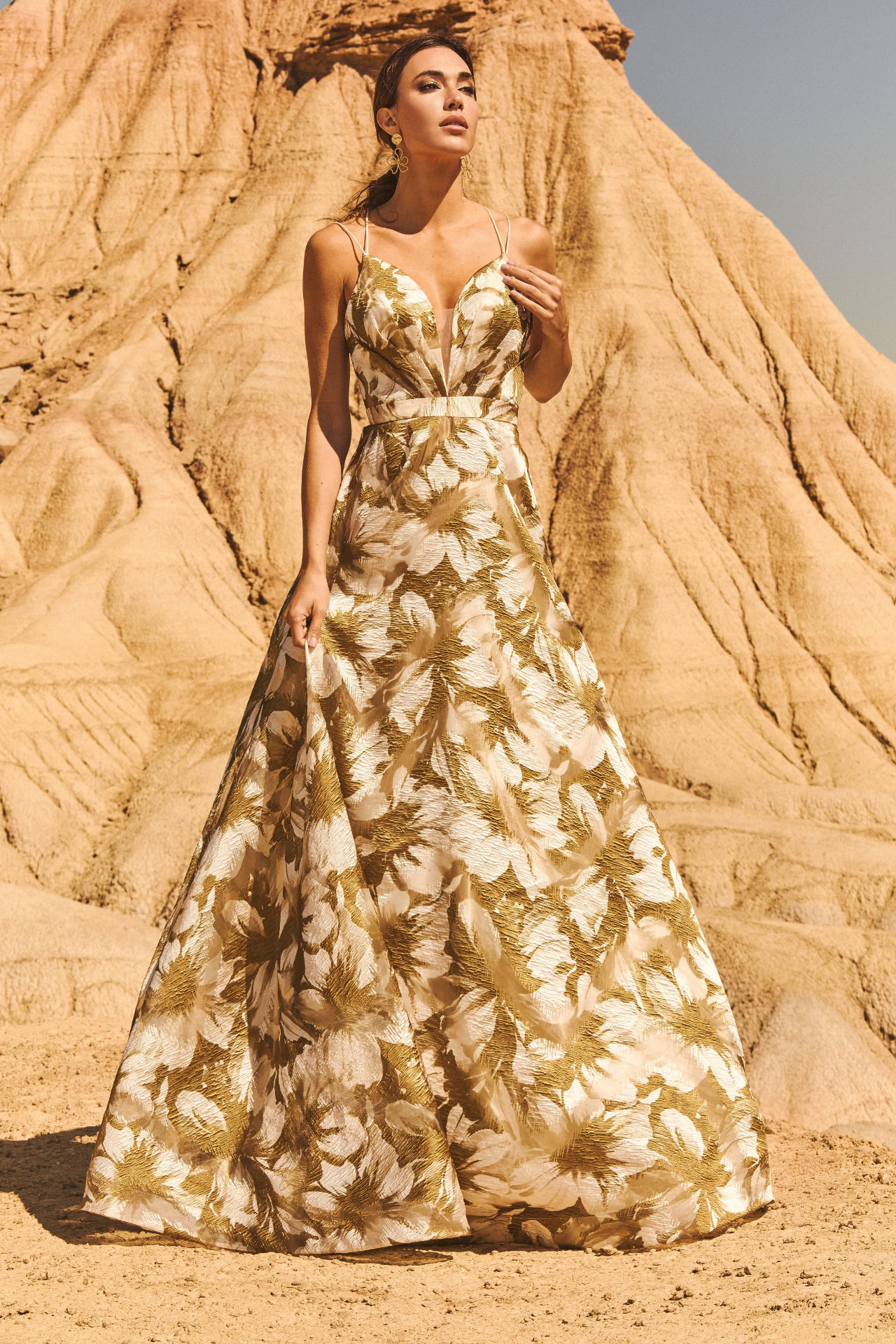 Gold and ivory floral brocade ballgown with plunging V neckline