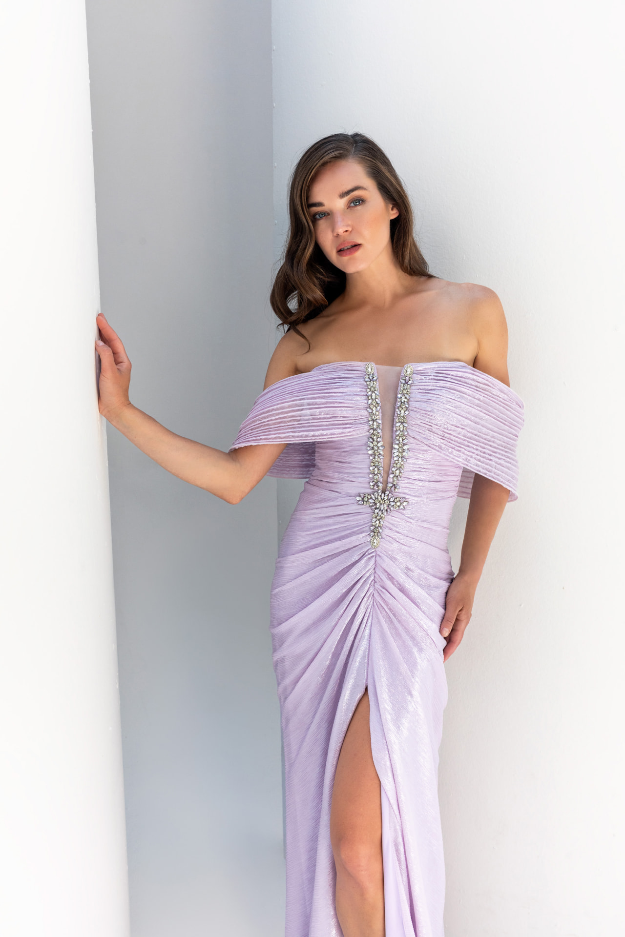 Lilac shimmer off-shoulder gown with crystal plunge trim and high slit