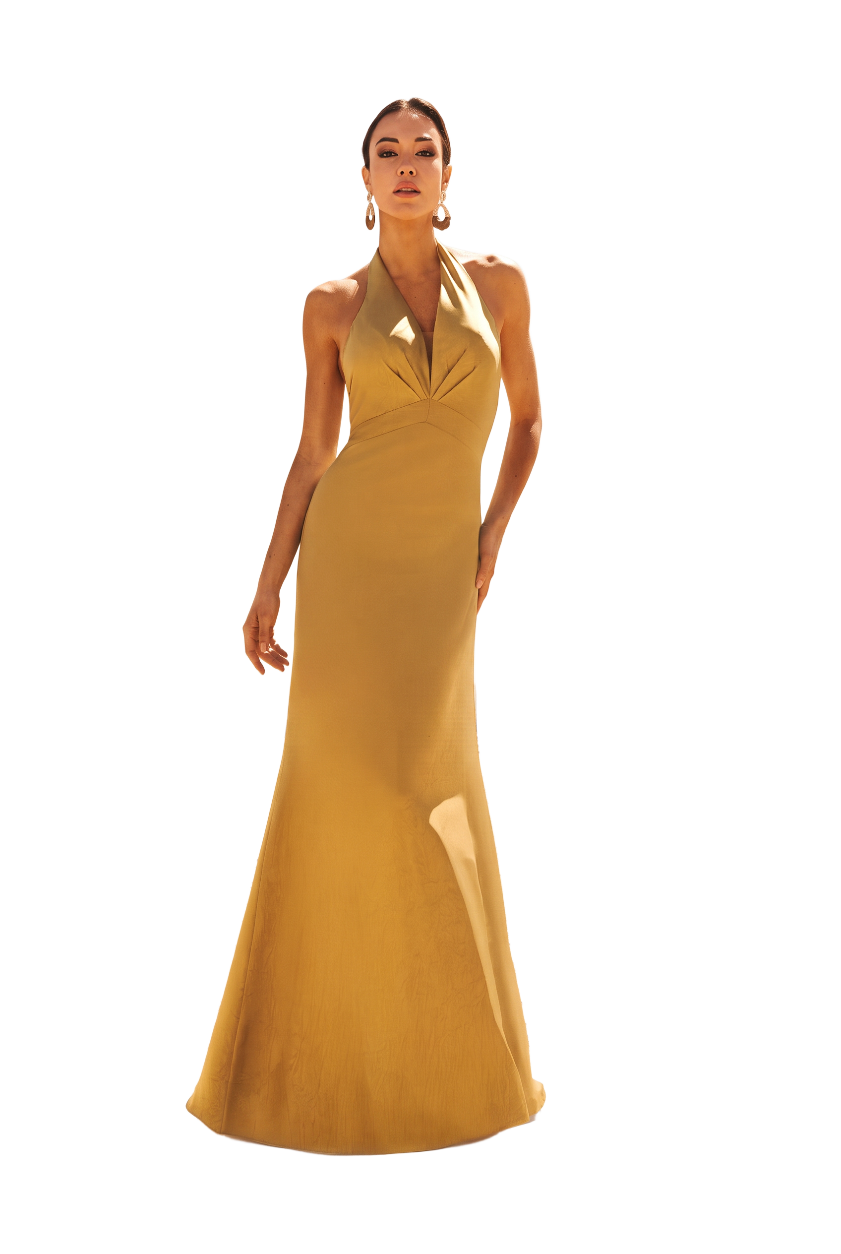 Chartreuse halter-neck fishtail gown with pleated bodice