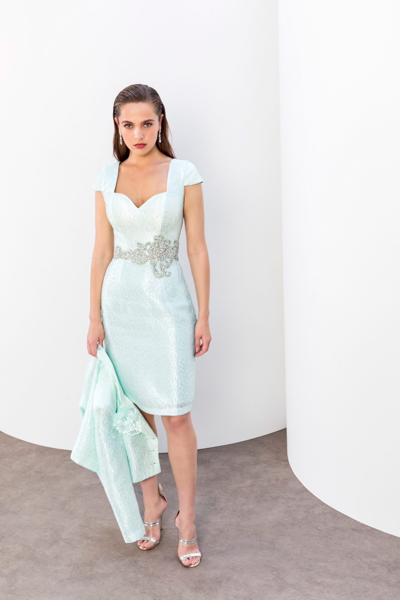 Mint green jacquard cocktail dress with crystal belt