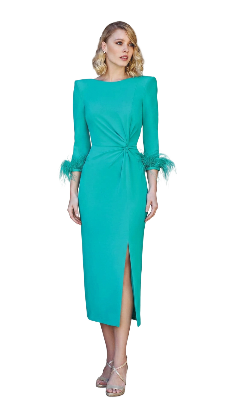 Jade green pencil dress with feather cuffs and knotted waist