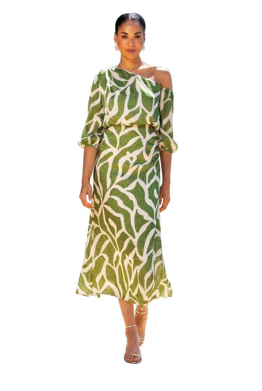 Green and ivory leaf-print off-shoulder midi dress with blouson sleeves