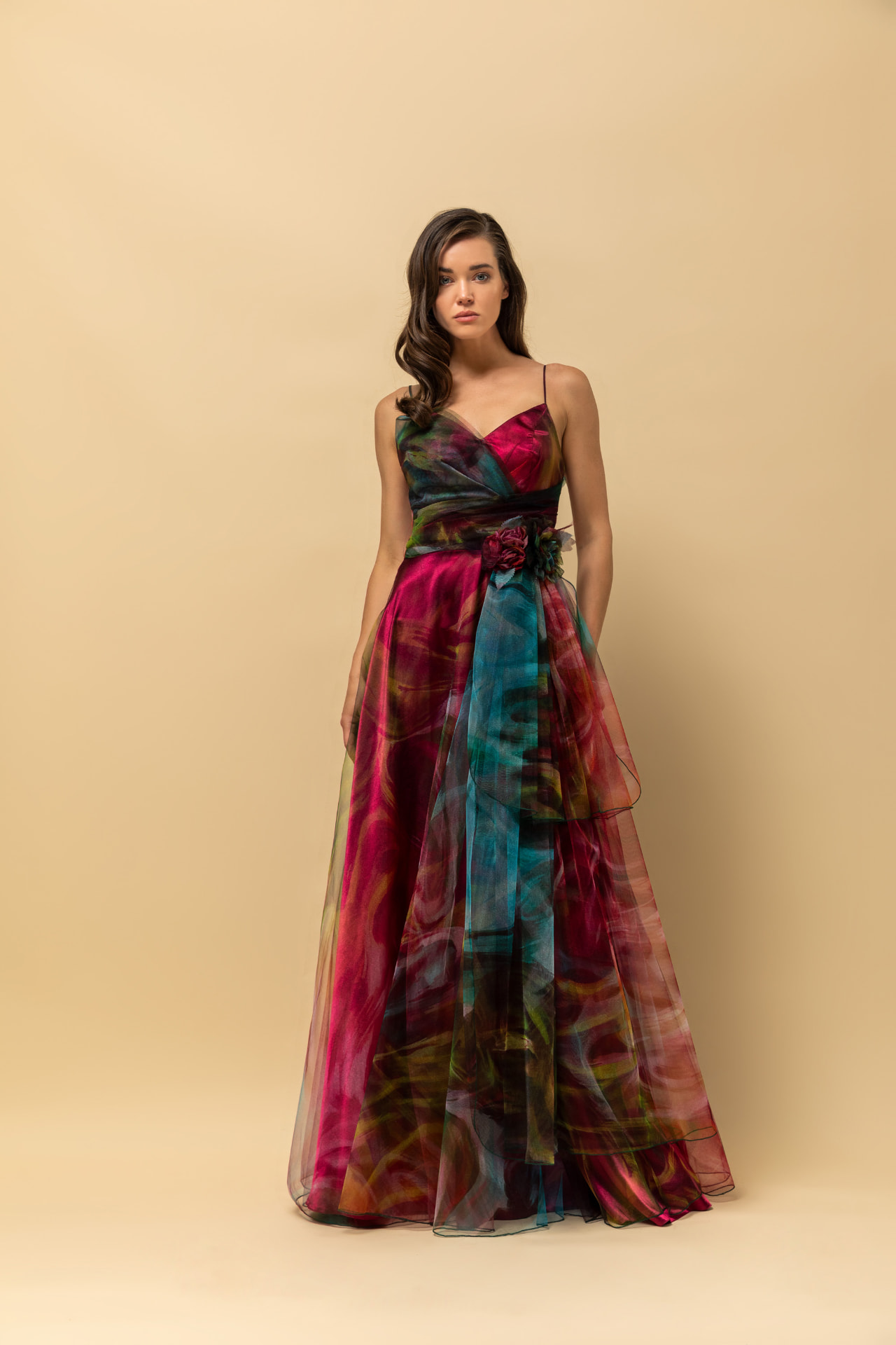 Multicolour watercolour print organza ball gown with floral waist sash