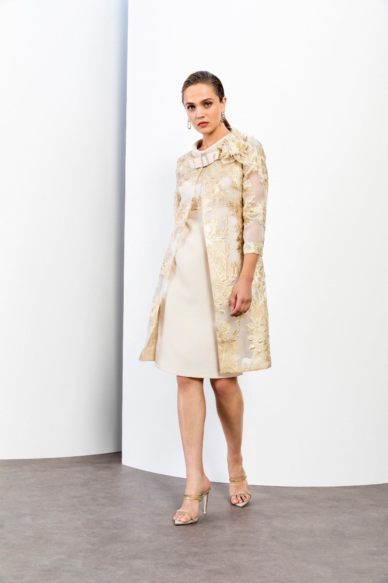 Champagne gold brocade coat with ivory satin cocktail dress