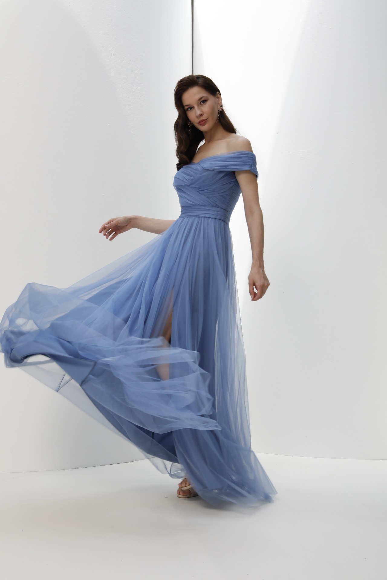 Cornflower blue off-shoulder tulle gown