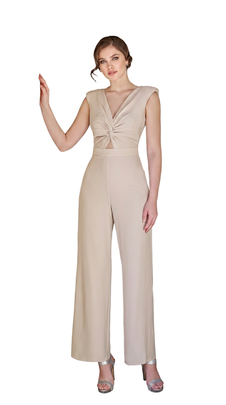Champagne twist-front jumpsuit with cap sleeves and wide-leg trousers