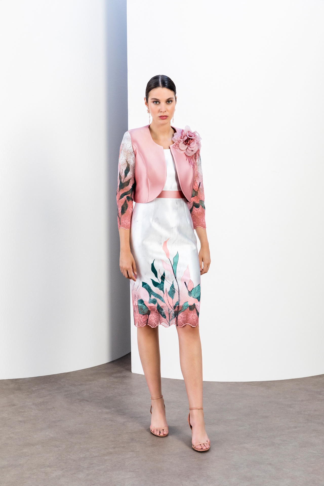 Pink bolero jacket with white floral embroidered sheath dress