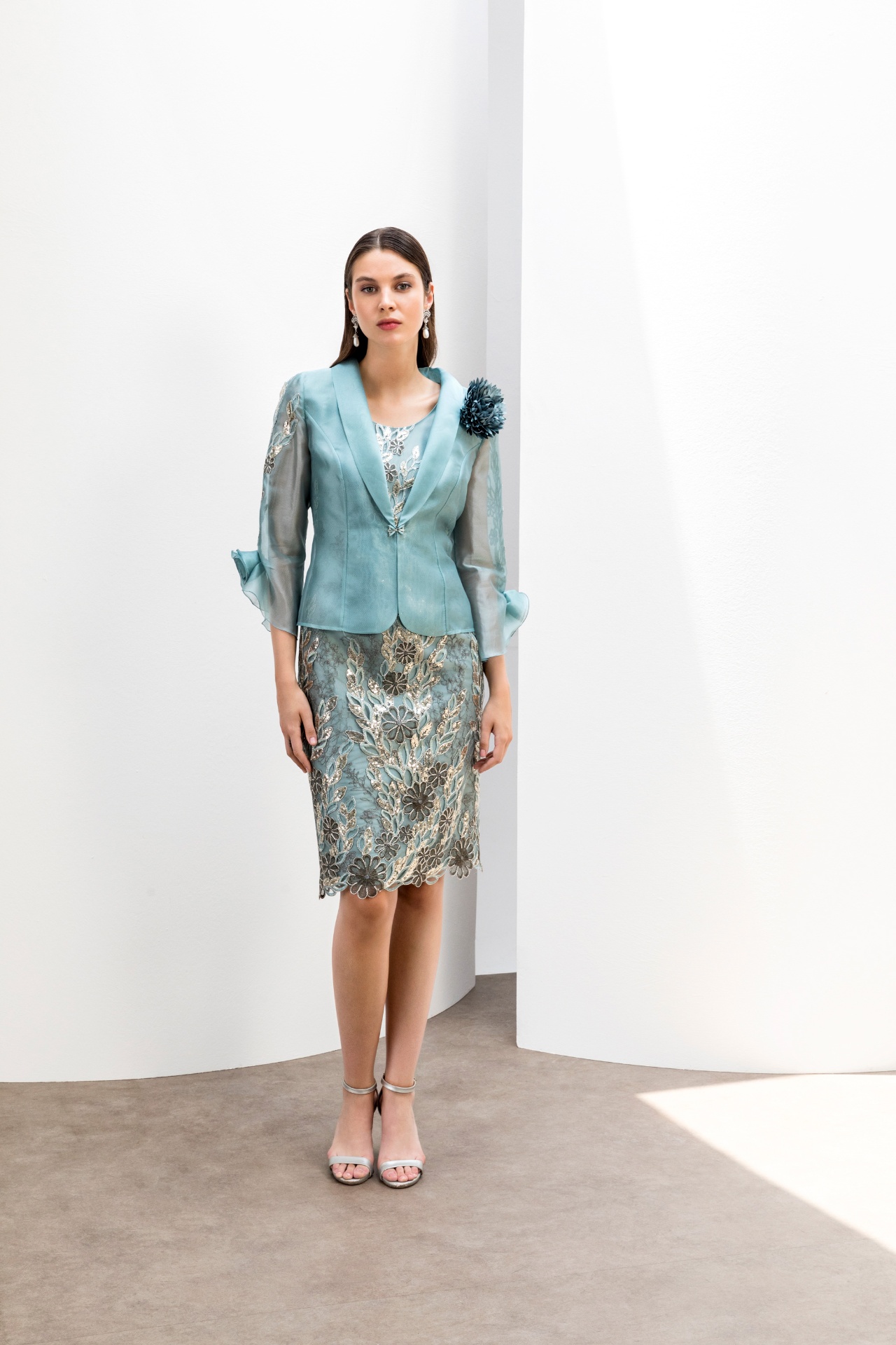 Sage blue organza jacket with sequin floral lace pencil skirt and flower corsage